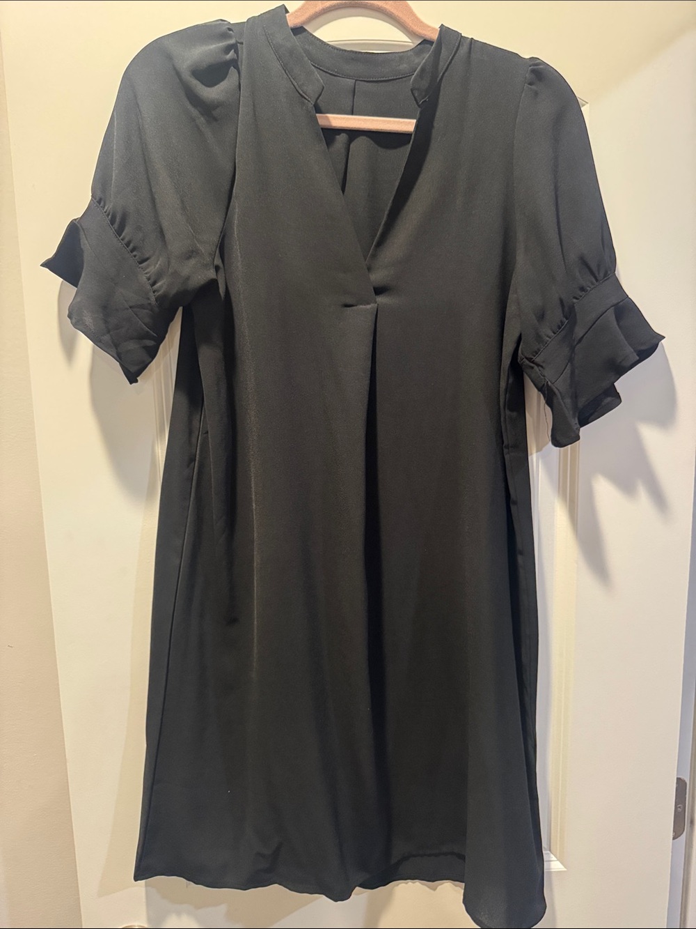 Black V-Neck Short Sleeve Shift Dress - sits at knee